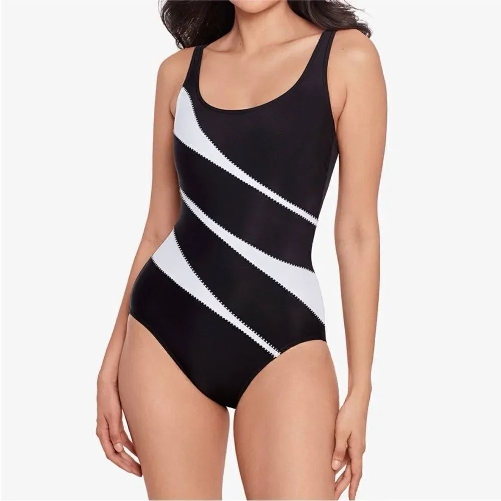 Miraclesuit Black and White One Piece Swimsuit size 12 Look 10 Pounds light $184